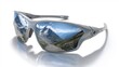 © axel - Sunglasses are displayed against a white background. Their lenses reflect a mountain landscape with blue skies and clouds. The scene emphasizes outdoor activity and adventure