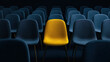 © The_Believer  - A single yellow chair stands out among many blue chairs in a dark room
