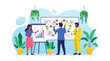 © S.Siam - Illustration of three professionals in strategic planning meeting with charts, flowcharts, and data visuals in a modern office setting, symbolizing teamwork, collaboration, and business analysis