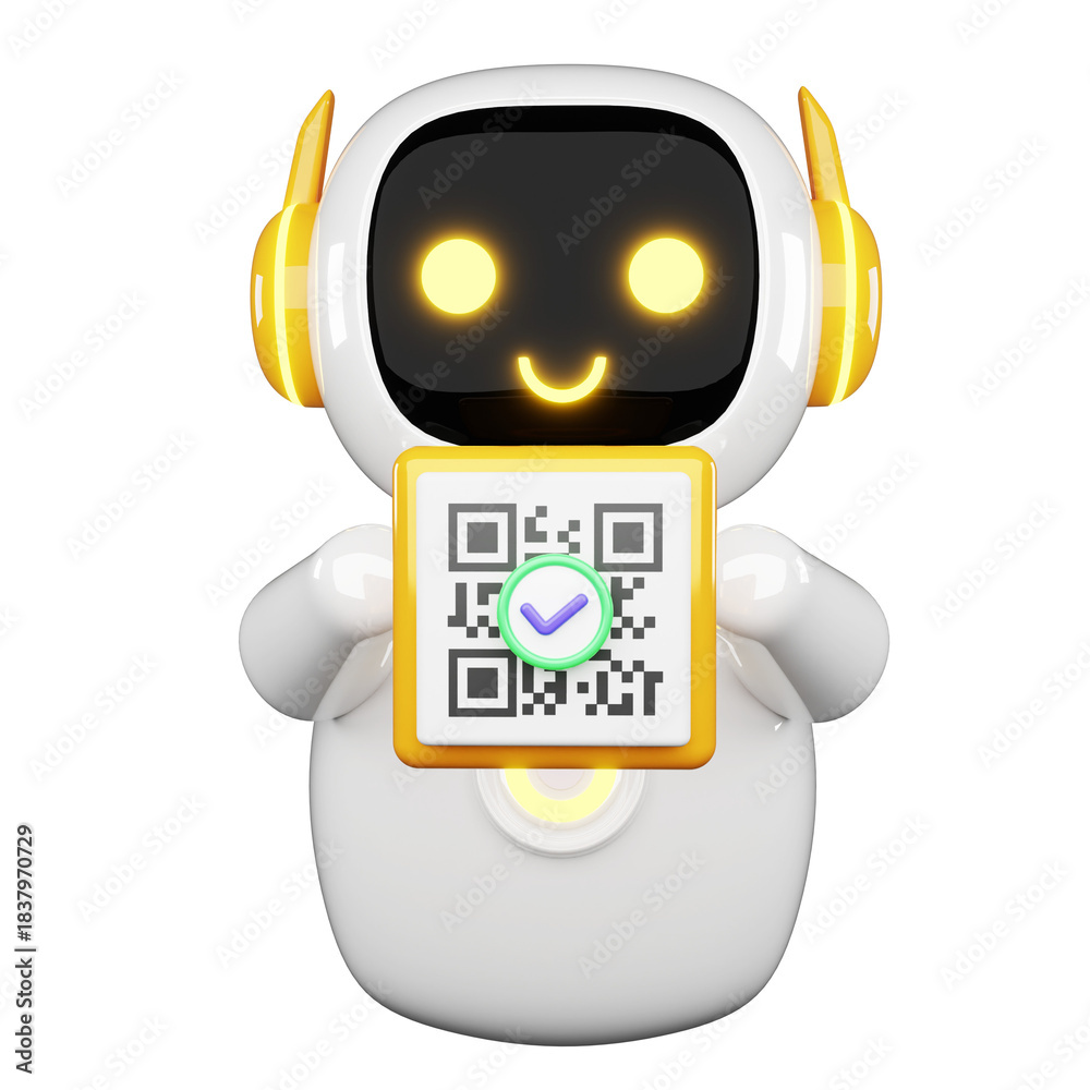 Friendly little 3d cute bot presenting a verified QR code for secure ...