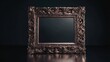 © hanisah - a large rectangular mirror with an ornate frame stands against a dark background, reflecting a small amount of light within the room