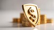 © The Little Hut - Financial Security Concept: Golden Shield with Dollar Sign Protecting Stacks of Coins, Symbolizing Wealth Preservation