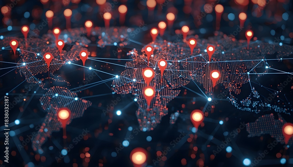 Global Digital Connectivity Map with Glowing Red Location Pins and ...