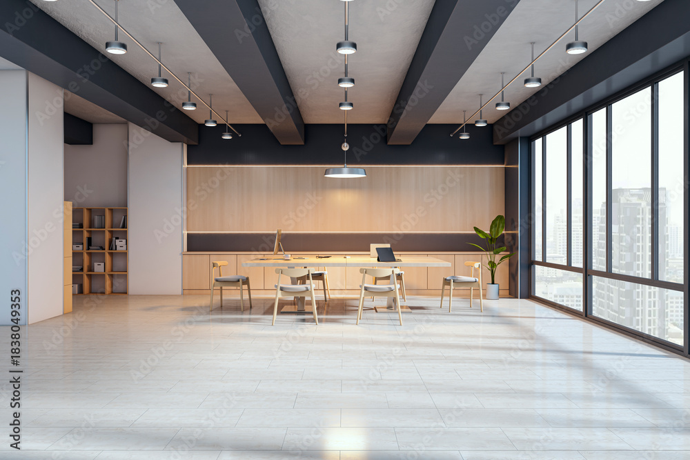 Contemporary office meeting room interior with large windows, wood furniture, ceiling lights, and bright city background. 3D Rendering