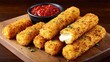© Ksu_Sha - Crispy fried mozzarella cheese sticks served on wooden board with parsley and marinara dipping sauce