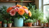 Potted flowers and green plants arranged on wooden shelf near window. Colorful dahlias and roses in blue vase contrast with lush foliage, creating cozy home atmosphere for wellness and gardening.