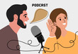 © Victoria - Podcast concept, Radio host. Media tool, mic and speech bubble. Podcaster speaking to mic the guest is listening, broadcaster at workspace. Vector illustration.