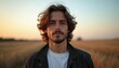 © miss irine - Young man with long brown hair, short beard stands in field at sunset. Wears white t-shirt under black jacket. Man looks serious with calm expression on face. Golden light on face, hair. Wheat field,