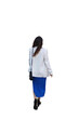 © Christina - Rear view of a woman with long hair in a dress and jacket carrying a black women's bag walks forward isolated on white background