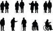 © MdAlam - Silhouettes of diverse senior men standing, walking with canes, talking, and sitting in a wheelchair, representing aging, retirement, and elderly care.