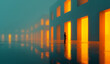 © Lustre Art Group  - Atmospheric artwork. Man observing glowing architectural doors in foggy minimal row. Concept of innovation design, digital platforms, finance strategy metaphors, editorial storytelling themes.