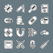 © vector_v - Set line Syringe, Medicine pill or tablet, Health record folder, DNA research, search, bottle and pills, Customer attracting, Genetic engineering and Bandage plaster icon. Vector