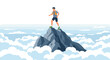 © Santiago - Hiker on mountain peak above the clouds: adventure and exploration in flat design