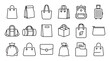 © Mr. Stocker - Collection of black line art icons depicting various bags, luggage, and containers for shopping, travel, and storage, designed in a clean, simple, and minimalist vector style