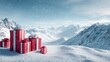 © Mst - 3d rendering of a christmas background with red gift boxes on a snowy mountain landscape. new year illustration design. all in focus, with brightness inside.