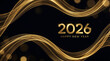 © Chelbom Art - Neujahr 2026 – goldene Lichtwellen auf schwarzem Hintergrund, frohes neues Jahr Schriftzug, festlicher Banner