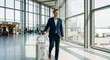 © MYDAYcontent - A man walks through the airport terminal with a rolling bag and smiles at other travelers