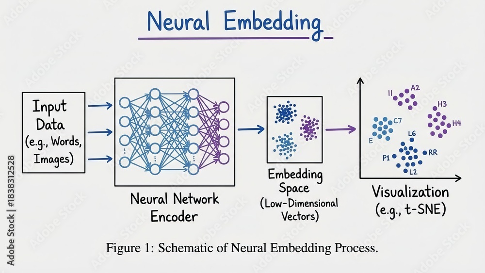 Neural embedding process showing input data fed into a neural network ...