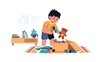 © Amie - Modern flat vector illustration of a child happily cleaning up toys after playtime, showing responsibility and organizational skills