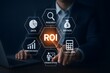 © Monirul  - Businessman touching glowing roi interface with data savings and calculator