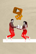 © deagreez - Image pop art trend banner collage of two happy lovers girl guy jump hold present box birthday occasion text box phrase romance