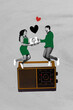 © deagreez - Pop art trend banner collage of two happy girl guy family couple jump vintage music player boombox retro event valentine holiday
