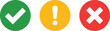© Luis K. Bradley - Visual communication symbols for feedback and status updates, featuring a green checkmark for success, a prominent yellow warning exclamation, and a clear red cross indicator for errors
