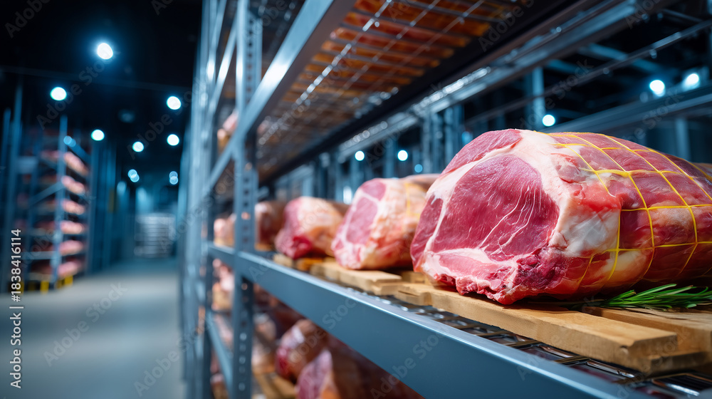 Beef carcasses wrapped, meat products filling, industrial cold storage ...