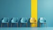 © Pete - Yellow chair stands out from blue seats in row. Business concept of hiring, recruitment, leadership. Unique candidate for job interview. Best employee chosen for vacant position. Finding different