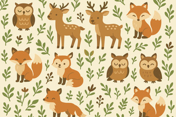  Cute forest animals in a simple pattern with owls, foxes, and deer amid leaves on a light background