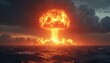 © Pete - Nuclear explosion over ocean view. Atomic bomb detonates at sea with orange cloud. Dramatic mushroom cloud floats over horizon. End of the world. Danger radiation concept. Risk from nuclear weapon.
