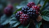 Fresh wild blackberries with water drops on a green bush. Ripe and unripe juicy berries grow in a summer garden. Close up of raw organic fruit on leaves with dark background.