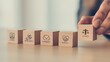 © Arnab Dey - Code of conduct in business concept. Wooden blocks with code of conduct icons; code, integrity, honesty, respect, and ethics, the foundation of a strong corporate code of conduct. Corporate ethics.