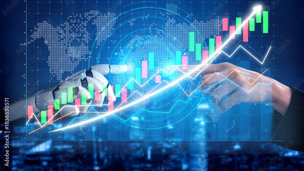 A captivating image showcasing the interaction between a human hand and a robotic finger, emphasizing teamwork in digital finance and market analysis. Copula