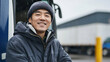 © A2Z AI  - Portrait of a smiling delivery driver standing by his truck on a rainy day, with a warm coat and hat. He has a positive attitude even in the bad weather. Smiling.