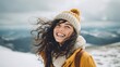 © Oleksandr - A woman's beaming smile in a winter wonderland. The wind sweeps through her hair as she stands atop a snow-dusted peak, joy shining through her face. Pure winter bliss!