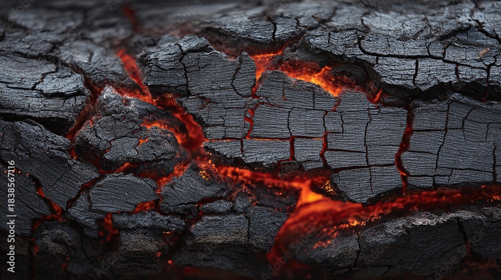 Charred remains glow with embers, a testament to fire's dance. Cracks ...