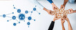 © InfiniteFlow - A dynamic overhead view of diverse hands working together to create connections and solutions. The image symbolizes collaboration, innovation, and teamwork in a modern workspace. Amity