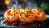 Succulent grilled crustaceans receive a final drizzle of glistening oil under warm illumination