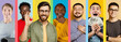 © Prostock-studio - A group of seven people stands together in a colorful setting, each displaying unique expressions and gestures. They exhibit joy, confidence, and community with different backgrounds and styles.