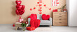 © Pixel-Shot - Interior of stylish living room with grey sofa, roses and heart-shaped decorations. Valentine's Day celebration