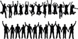 © Arman - Jumping celebration silhouettes showing happy group of men and women cheering together, teamwork success, victory moment, unity and positive energy