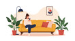 © ColorWave Studio - A young woman relaxing on a yellow sofa in a cozy living room with houseplants, casually browsing on her smartphone.