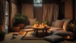 © Yeane - Cozy Japanese inspired living room with warm candlelight.