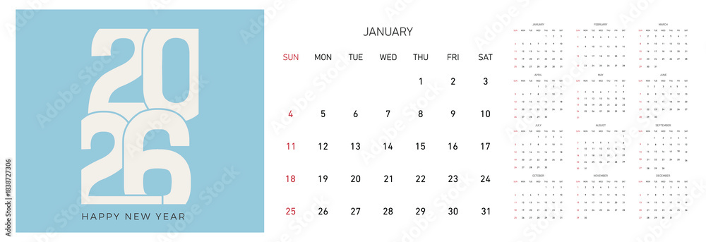 Calendar 2026 week start Sunday corporate design template vector. Cover ...
