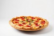 © Chalermrach - A complete, hot pizza, with melted cheese and vibrant toppings, floating in stark isolation against a pure, empty backdrop, ready for a meal,  pepperoni,  sauce
