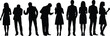 © SreeShontusChandra - Group of people silhouettes using mobile phones vector collection, men and women standing with smartphones, communication, technology, and social media icons, black silhouette crowd set.