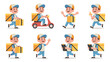 © Bipul Kumar - Cheerful cartoon courier boy character illustration set showcasing various dynamic poses like running, waving, and riding a red delivery scooter, carrying a large yellow thermal backpack box for quick