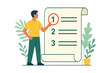 © Newton - Man pointing at the first item on a large numbered checklist scroll, flat vector illustration