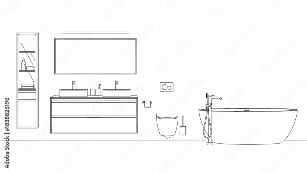 Modern Bathroom Vanity and Bathtub Vector Set, Floating Cabinet and ...
